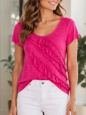 COLDWATER CREEK Lightweight Fuchsia Ruffle Tee Shirt Size M